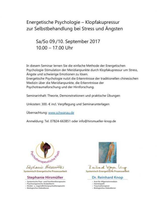 Selbstbehandlung bei Stress und Ängsten - Energetische Psychologie-Klopfakupressur zur Selbstbehandlung bei Stress und Ängsten - 2017-09-09